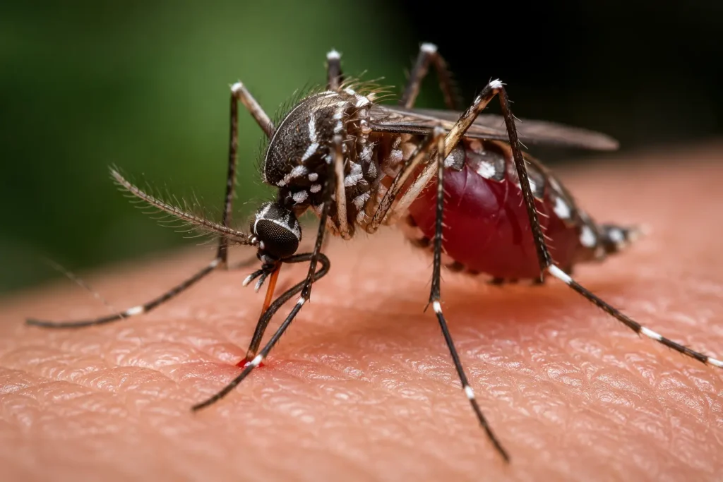 lose-up of mosquito bite on skin showing redness and swelling